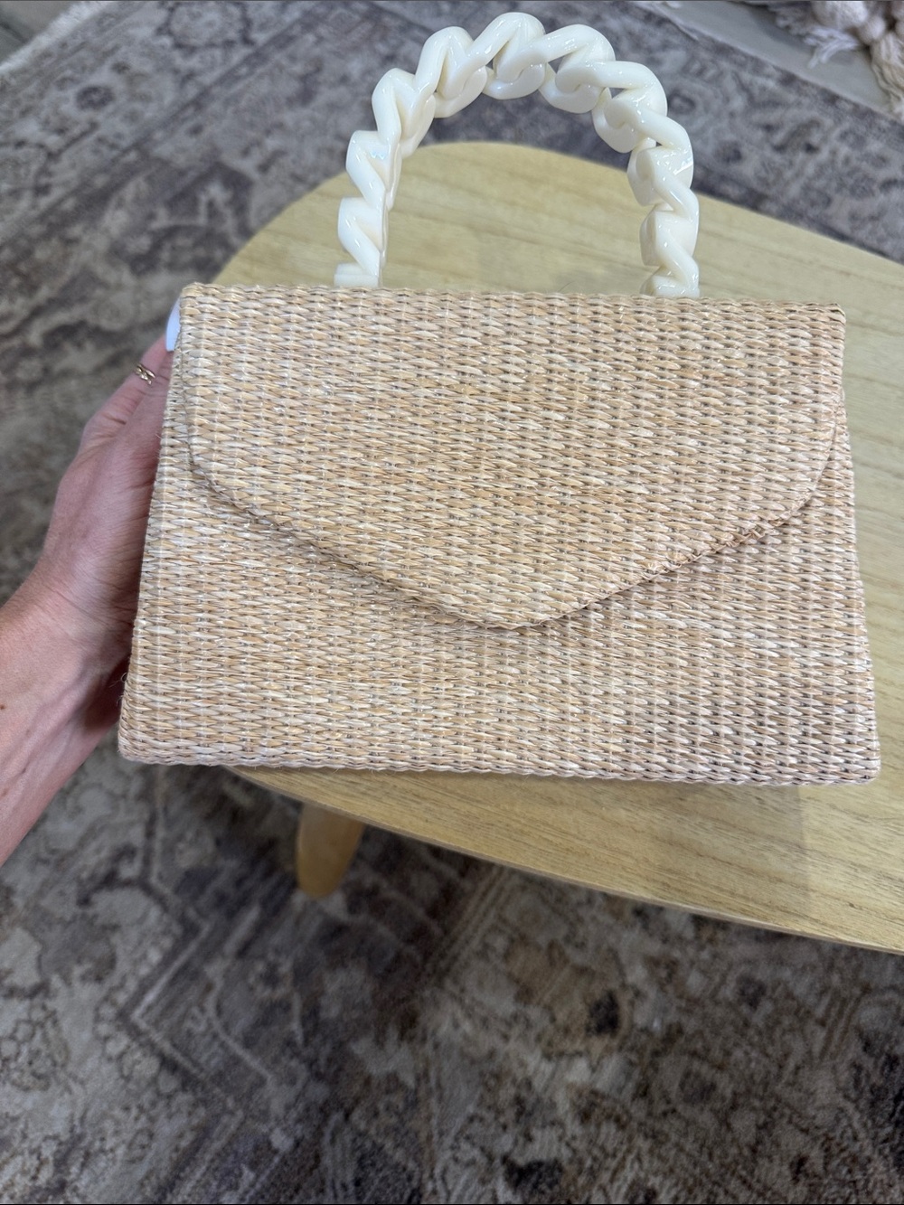 Woven Straw Top-Handle Bag with Cream Chain Handle